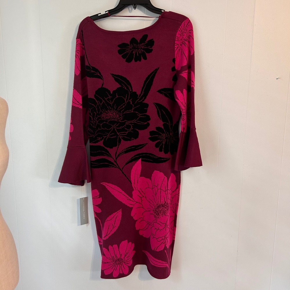 London Times Womens Berry Pink Floral Bell Sleeve Sweater Dress L T7766M-KH - Picture 9 of 10
